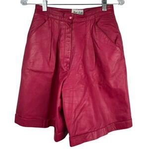 VTG‎ 80s Women's Pink Real Leather Pleated High Waist Bermuda Shorts 0/2